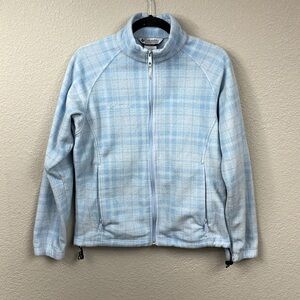 Columbia Fleece Full Zip Jacket Light Blue Plaid Zip Pockets Lounge Sz M